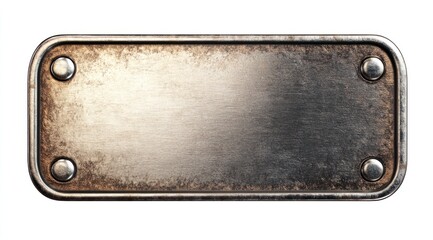 silver brass-colored metal name tag with rounded corners and four rivets on the edges