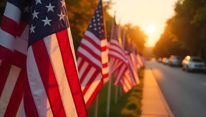  A Row of American Flags close up on a City Street. Memorial Day celebrations with a sun rising, Veteran&rsquo;s Day Flag Tribute, created with generative ai