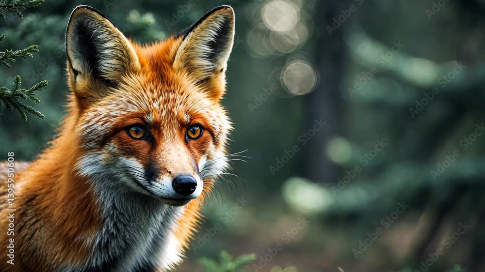 Poster close-up portrait of a red fox with a bokeh of pine trees in the background, making eye contact.