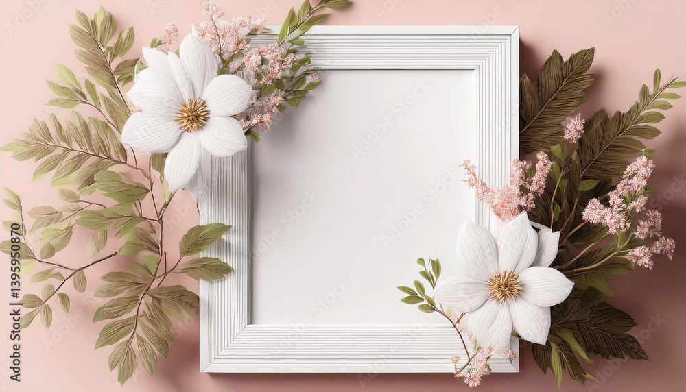 Poster white frame on pink background with white flowers and leaves. mock up with blank space and floral de