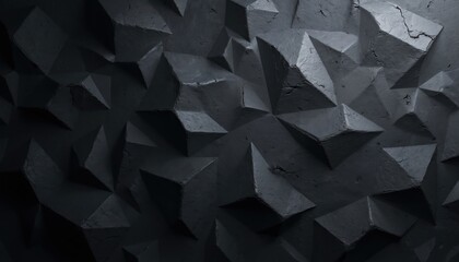 Obraz premium Dark textured background with complex polygonal pattern. Geometric shapes create abstract 3D design. Modern edgy illustration with sharp contrast. Rough surface, monochrome. Industrial wall concept.