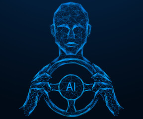 Virtual artificial intelligence behind the wheel of a car. Intelligent vehicle driving. A low-poly design made of interconnected elements. Blue background.