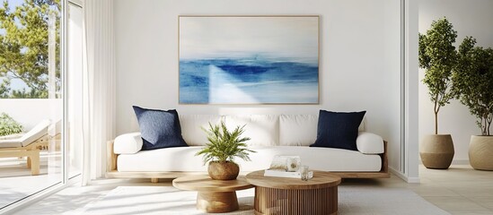 A modern-minimalist living room scene. A white sofa with dark blue throw pillows, an abstract blue-and-white gradient painting hanging above the sofa