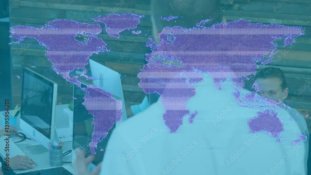 Aufkleber world map animation over people working at office desks with computers