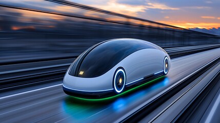 Obraz premium Futuristic White Autonomous Vehicle Speeding on Highway at Sunset