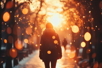 Obraz premium Backlit person walking through autumn forest path with golden bokeh