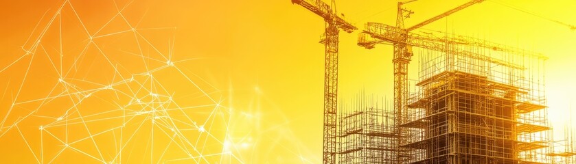 Construction site under bright sunlight, connected by a network