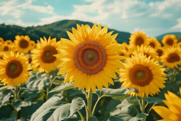 Fototapeta premium Large sunflower field under clear blue sky on sunny summer day