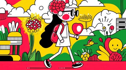 Bright Illustration of Girl Walking in Colorful Flower Landscape