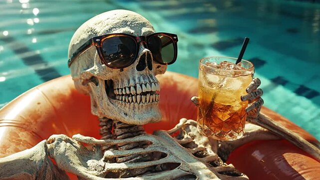 Skeleton relaxing in pool with drink