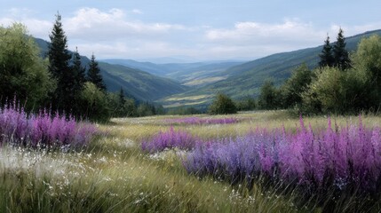 spring valley scenery, spring valley view with pastel tones, flowers, blue sky, and drifting fluffy clouds