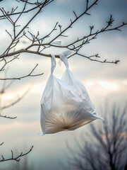 Plastic bag trapped in tree branches, stark environmental pollution