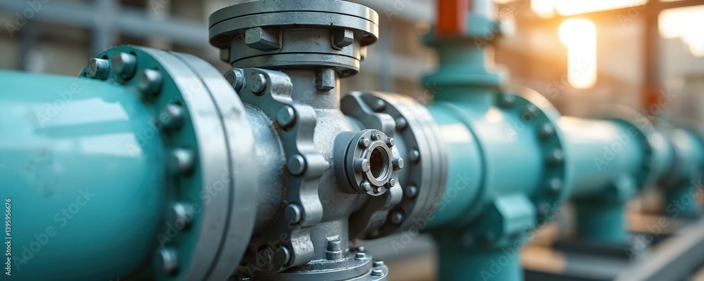 Poster macro shot of precision engineered valve attached to industrial pipes. details of operation captured