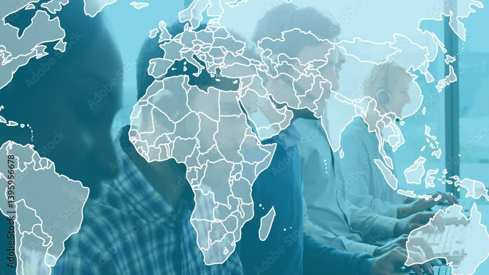 Aufkleber animation of world map overlaying diverse people working on computers in office