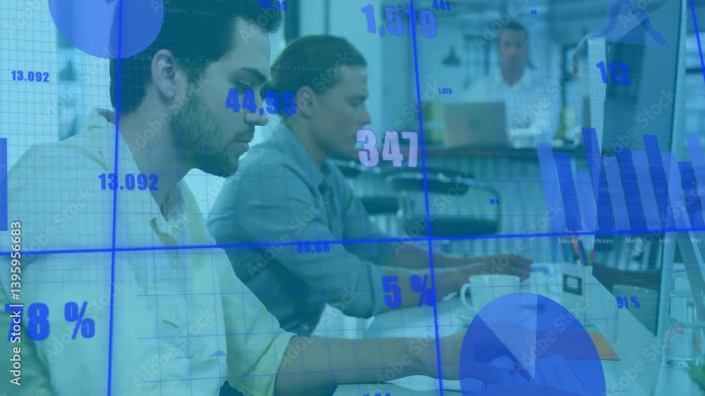Aufkleber business professionals working at computers with financial data overlay animation