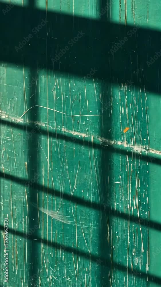 Poster light and shadow create patterns on a green wooden wall during the afternoon in an urban setting