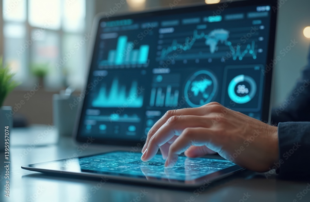 Fototapete Man uses tablet, laptop for AI artificial intelligence technology data analysis research, workflow. AI assistant dashboard with charts graphs, diagrams to visualize data processing. Tech concept.