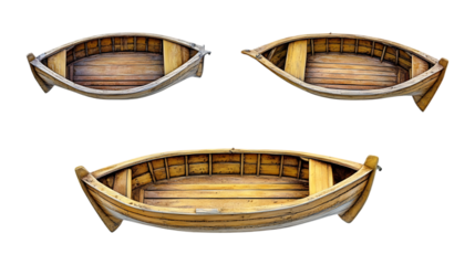 Pack Wooden Boat Set in Different Poses Against Transparent Background for Marine Illustrations, Nautical Branding, or Travel Promotions