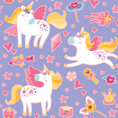 Childrens magic unicorn pattern. Cute seamless ornament hand drawn with unicorns, magic wand, stars. Vector texture for kids bedding, fabric, wallpaper, wrapping paper, textile, t-shirt.