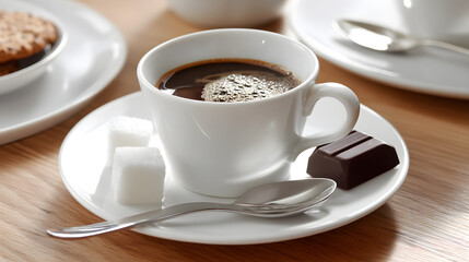 Strong Dark Coffee in White Cup with Sugar and Chocolate on Wooden Table Setting