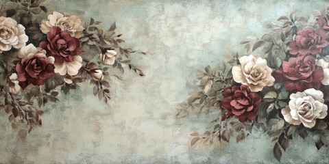 oil paint green burgundy and beige flowers wallpapper vintage 