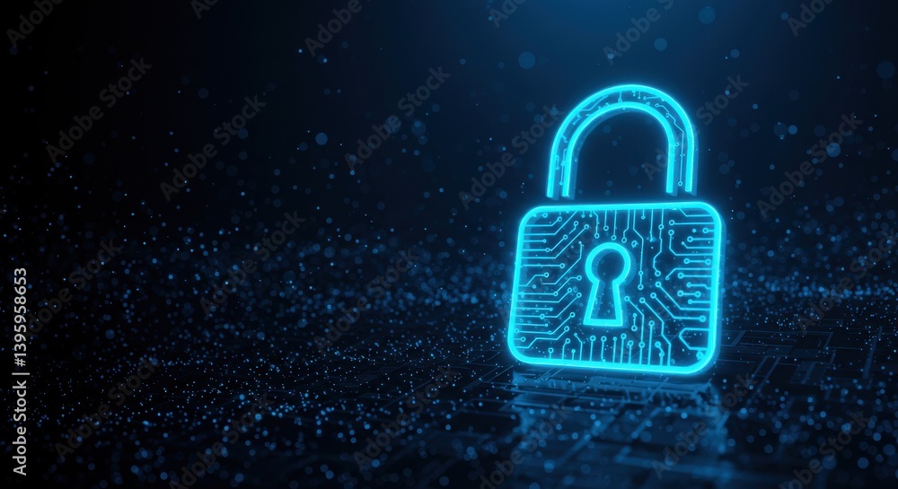 Poster a glowing blue padlock icon displayed against a dark background with subtle light effects and reflec