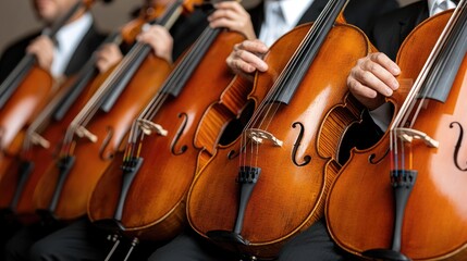 Fototapeta premium Close-up view of cellists playing cellos in an orchestra