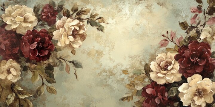oil paint green burgundy and beige flowers wallpapper vintage 