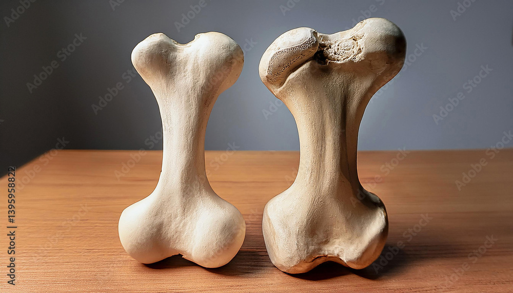 Poster two bone shaped objects sit on wooden surface. one object is smooth and other is rough. objects have