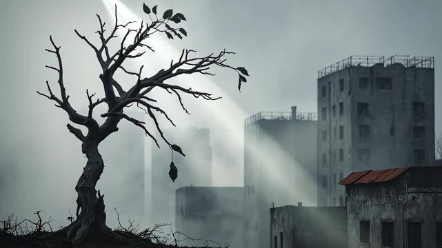 Isolated deceased tree, outline of a lifeless tree, abstract natural backdrop