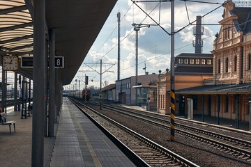 Train station platform of a European town