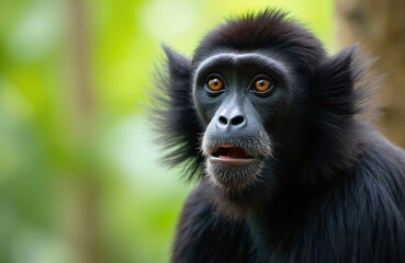 Obraz premium Close-up portrait black siamang gibbon primate animal with brown eyes. Exotic mammal in natural habitat. Fauna from jungles, rainforests of Sumatra and Asia. Wildlife in nature.