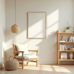 Modern living room interior mockup with pastel colors. White wall wooden furniture. Empty frame for art. Cozy, warm sunlight, design, home decor inspiration, blank canvas.