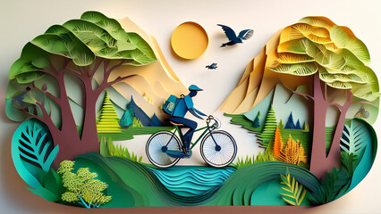 Eco-Friendly Transportation in Nature
A 3D papercut scene showing a cyclist riding along a nature trail, with trees, rivers, and animals, promoting eco-conscious travel and green living.