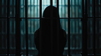 Silhouette of a woman behind bars in prison.