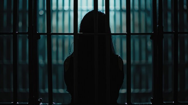 Silhouette of a woman behind bars in prison.