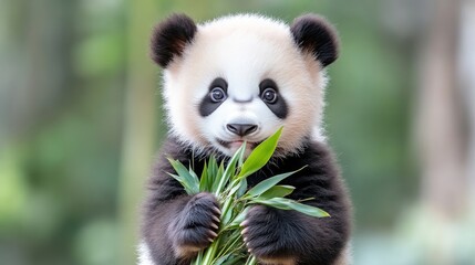 Fototapeta premium Adorable baby panda munching on bamboo