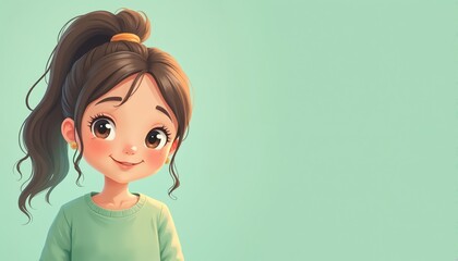 Cute cartoon girl with ponytail smiles, looking at camera. Young female portrait with joyful emotions, in green sweater. Smiling face, adorable child. Perfect for kids products, educational materials.