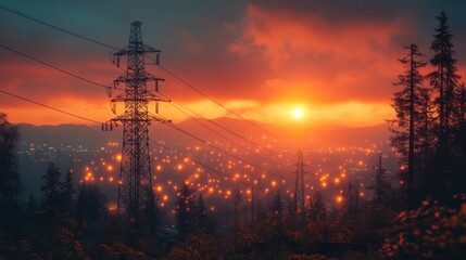 Sunset over city lights with power lines and forest.