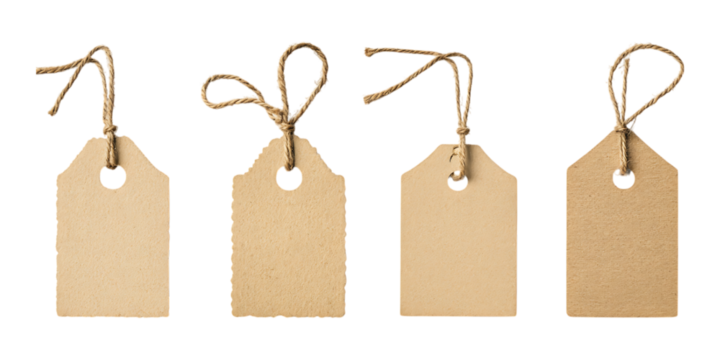 Pack Tag with Jute Twine Set in Different Poses on Transparent Background for Packaging, Craft, and Labeling-Themed Designs