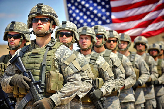 Soldier holding machine gun with US flag. US Military