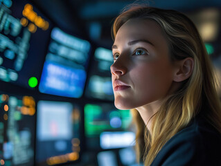 A woman intently studies data displayed on numerous screens in a control room setting.