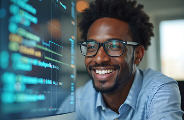 Happy software developer works on computer. Black man wearing glasses smiles looking at screen with code. Coding, programming, IT specialist at workplace. Positive emotions, career, job.