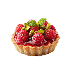 A delicious tart filled with fresh raspberries, pistachios, and mint leaves, all glistening with a sweet syrup.