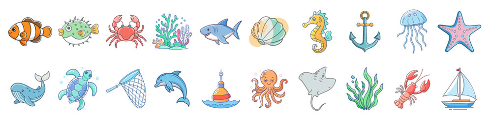 Ocean Life Cartoon Illustration Set Cute Sea Animals and Aquatic Plants
