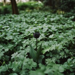 A solitary black tulip stands proudly amidst a lush green field, embodying uniqueness and quiet elegance in natural surroundings.