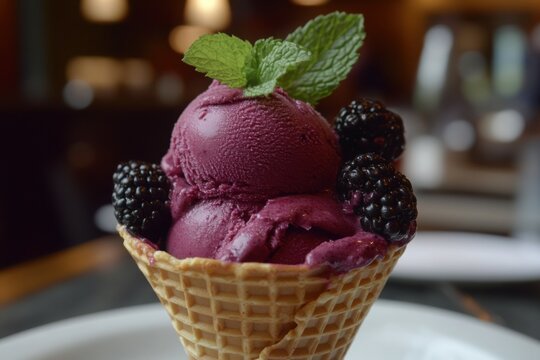 Blackberry sorbet scoops in waffle cone with fresh blackberries and mint