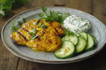 Grilled turmeric chicken breast with cucumber slices and yogurt herb sauce