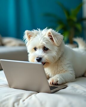 image dr&ocirc;le d'un petit westi blanc qui regarde l'&eacute;cran d'un ordinateur