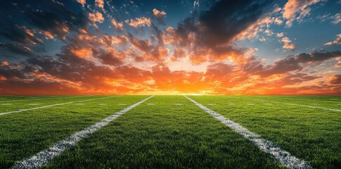 Vibrant sunset over a football field with lush green grass and dramatic clouds in the background